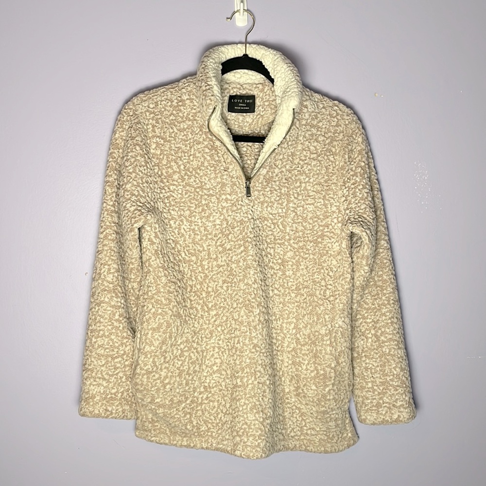 tan/ beige and white fuzzy fleece quarter zip pullover